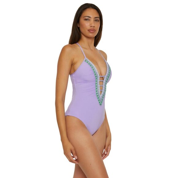 Becca Womens Standard Crochet Trim One Piece Swimsuit 611157 Bellflower Purple S - Picture 6 of 7